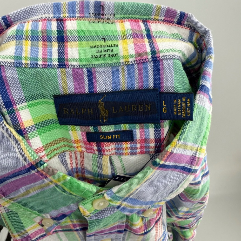 Polo Ralph Lauren Mens Slim Fit Plaid Button Down Shirt Green Blue L NWT - Picture 8 of 9